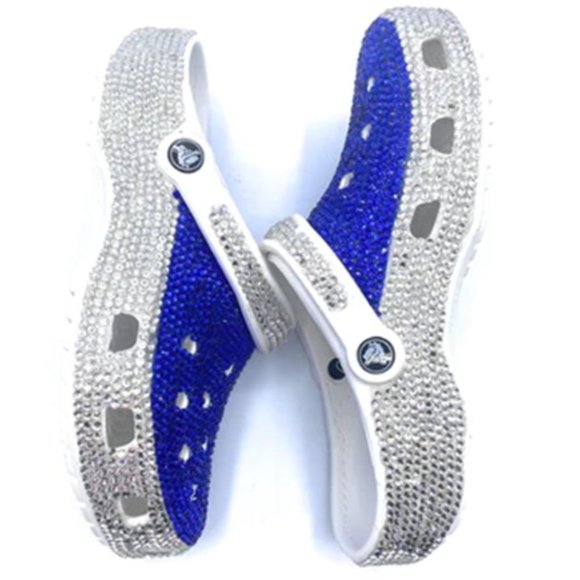 Bling Royal Blue and Silver Rhinestones Studded Customized White Clogs Adults - Picture 3 of 5